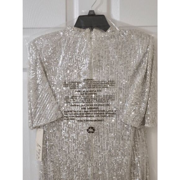 ✨ ELIZA J Silver Sequin Sheath Flutter Sleeve Mock Neck Dress SIZE 12 $168 NWT - Picture 15 of 16